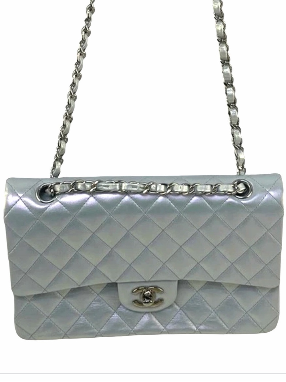 CHANEL Iridescent Light Blue Classic Double Flap Medium Silver Hardware Rare - Picture 2 of 8